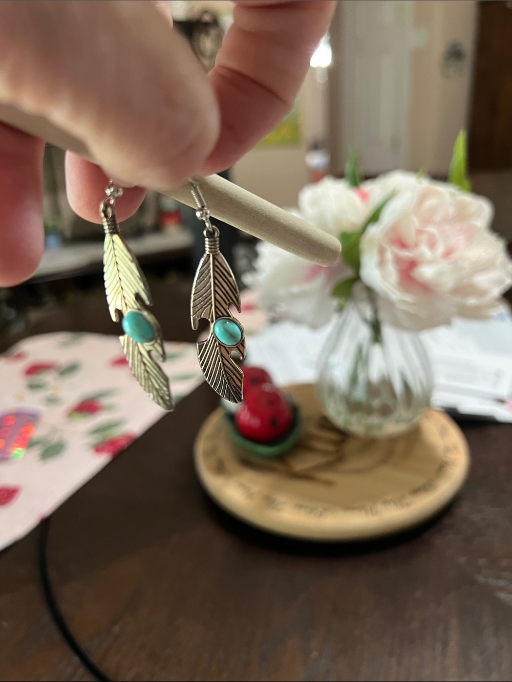 New Feather Drop Earrings with Turquoise Stone - Women Jewelry